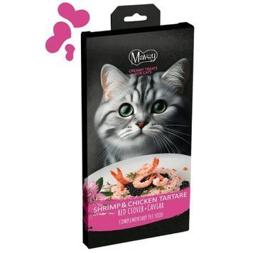Ласощі кремові для котів Mavsy Creamy superfood Shrimp and chicken tartare with red clover and caviar у вигляді тартару з креветок і курки з червоною конюшиною та ікрою, 15 г (5 шт) MAVSY07 фото