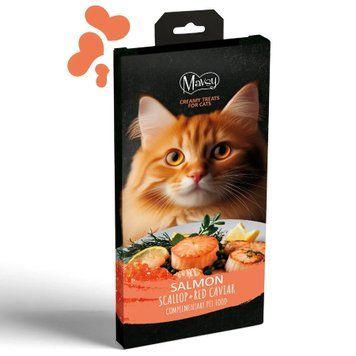 Ласощі кремові для котів Mavsy Creamy superfood SALMON WITH SCALLOP AND RED CAVIAR FOR CATS у вигляді кремоподібного пюре філе лосося з морським гребінцем та червоною ікрою, 15 г (5 шт) MAVSY04 фото