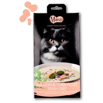 Лакомство кремовое для кошек Mavsy Creamy superfood SALMON AND TUNA FILLET WITH ALFALFA AND SPLASHED OF CATNIP FOR CATS в виде тунцово-лососевого крема супа с цветущей люцерной и вкраплениями кошачьей мяты, 15 г (5 шт) MAVSY06 фото