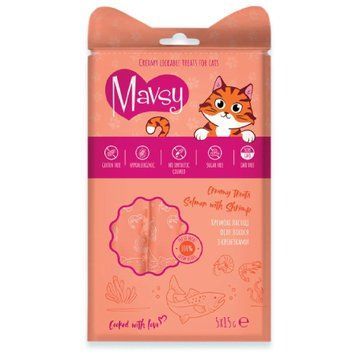 Ласощі кремові для котів Mavsy CREAMY LICKABLE TREATS SALMON WITH SHRIMP з філе лосося та креветками, 15 г (5 шт) MAVSY02 фото