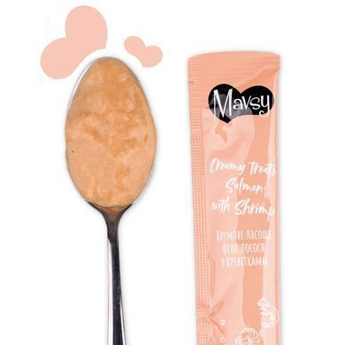 Ласощі кремові для котів Mavsy CREAMY LICKABLE TREATS SALMON WITH SHRIMP з філе лосося та креветками, 15 г (5 шт) MAVSY02 фото