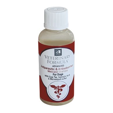 Антипаразитарний і артисеборейний шампунь Veterinary Formula Antiparasitic & Antiseborrheic Shampoo з дьогтем, сіркою, саліциловою кислотою для собак, 45 мл 752015 фото
