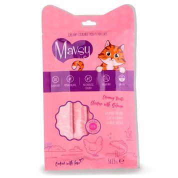 Ласощі кремові для котів Mavsy CREAMY LICKABLE TREATS CHICKEN WITH SALMON з м&rsquo;яса курки та філе лосося, 15 г (5 шт) MAVSY03 фото