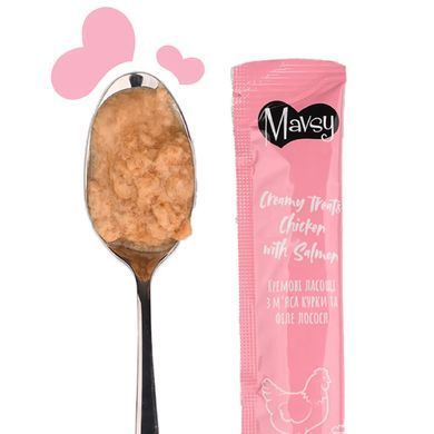 Ласощі кремові для котів Mavsy CREAMY LICKABLE TREATS CHICKEN WITH SALMON з м&rsquo;яса курки та філе лосося, 15 г (5 шт) MAVSY03 фото