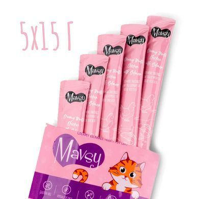 Ласощі кремові для котів Mavsy CREAMY LICKABLE TREATS CHICKEN WITH SALMON з м&rsquo;яса курки та філе лосося, 15 г (5 шт) MAVSY03 фото