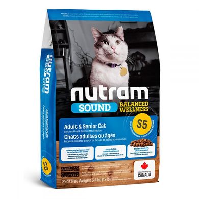 S5 Nutram Sound Balanced Wellness Adult & Senior - холистик корм для профилактики мочекаменной болезни у взрослых и пожилых кошек (курица/лосось), цена | Фото