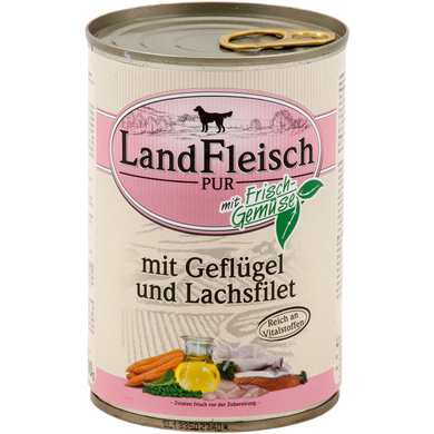 Консерви для собак LandFleisch з філе птиці, лососем і свіжими овочами LF-0025011 фото