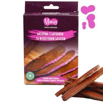Ласощі для собак від 3-х місяців Mavsy Refined jerky LAMB BASTURMA WITH PURPLE SWEET POTATO бастурма з баранини та фіолетовим бататом LSRM08 фото