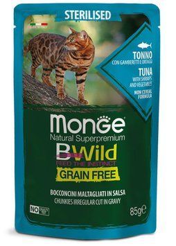 Беззерновой влажный корм для кошек Monge Cat Bwild Grain Free Wet Sterilised тунец с креветками и овощами Bwild_70012799 фото