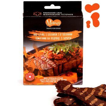 Ласощі для собак від 3-х місяців Mavsy Refined jerky BBQ VENISON STEAK WITH SUN-DRIED TOMATOES ON A BED OF PUMPKIN стейк з оленини з в'яленими томатами на подушці з гарбуза LSRM06 фото