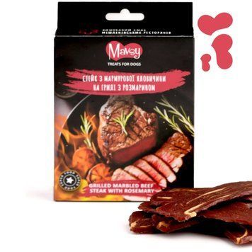 Ласощі для собак від 3-х місяців Mavsy Refined jerky GRILLED MARBLED BEEF STEAK WITH ROSEMARY стейк з мармурової яловичини на грилі з розмарином, 100 г LSRM07 фото