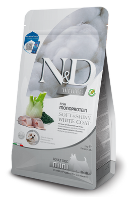 Сухий беззерновий корм Farmina N&D WHITE SOFT&SHINY COAT для собак дрібних порід із білою шерстю з сібасом, спіруліною та фенхелем, 2 кг PND0200002 фото