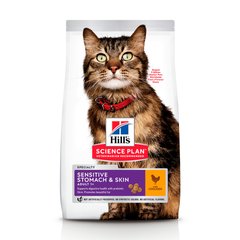 Сухой корм для взрослых котов с чувствительным пищеварением и кожей Hill's Science Plan Feline Adult Sensitive Stomach & Skin с курицей, цена | Фото